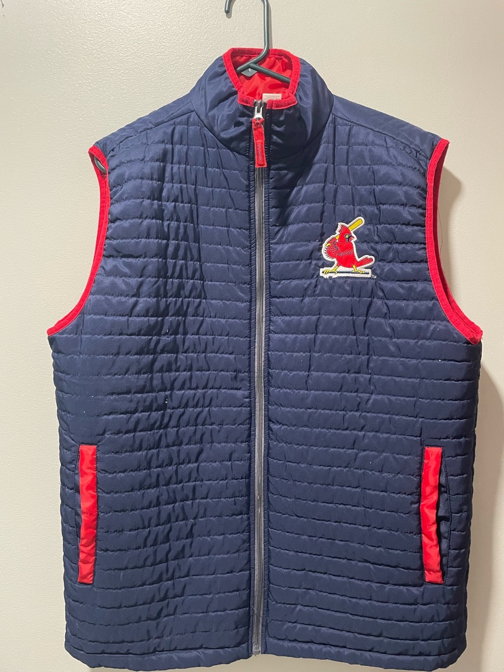 St Louis Cardinals XL Navy Quilted Vest with Red Trim and Baseball Patch